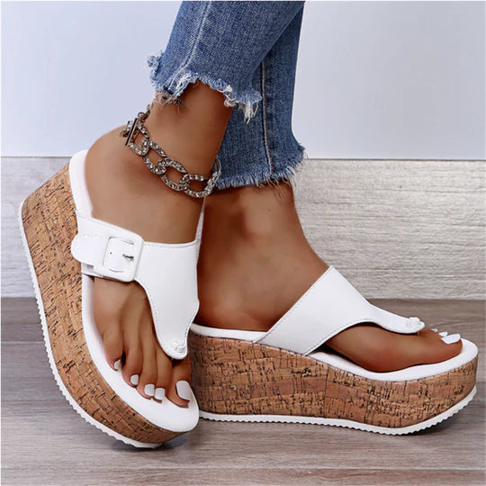 Isla | Women's Cork Wedge Flip Flop Sandals with Bow Detail