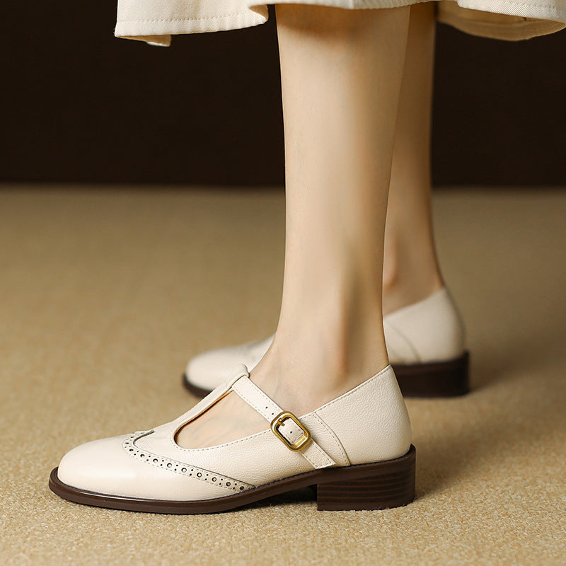 Vivienne | Women's Leather T-Strap Mary Jane Shoes Low Block Heel