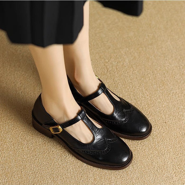 Vivienne | Women's Leather T-Strap Mary Jane Shoes Low Block Heel