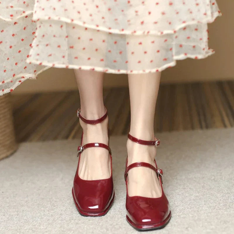 Valeria | Women's Ankle Strap Block Heel Pumps Square Toe Mary Jane