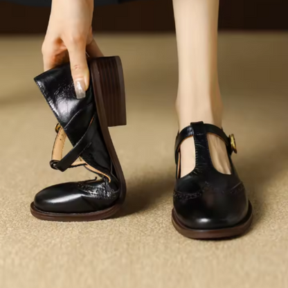 Vivienne | Women's Leather T-Strap Mary Jane Shoes Low Block Heel
