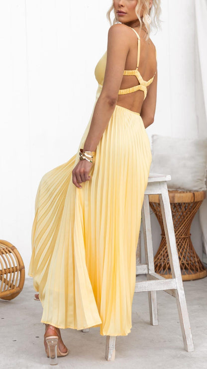 Women's V-Neck Pleated Wedding Guest Maxi Dress