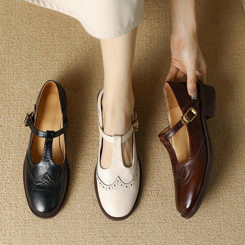 Vivienne | Women's Leather T-Strap Mary Jane Shoes Low Block Heel
