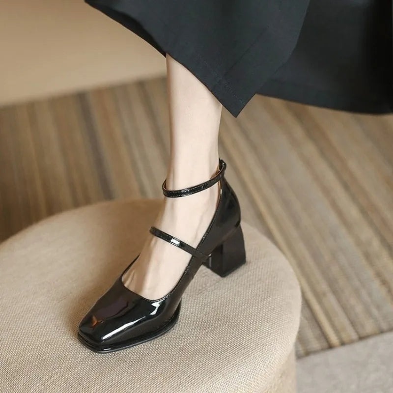 Valeria | Women's Ankle Strap Block Heel Pumps Square Toe Mary Jane