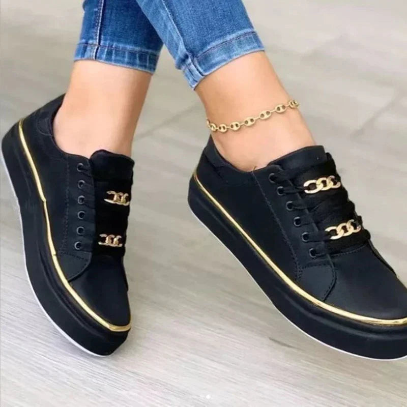 Avelin | Women's Black Platform Sneakers with Gold Chain Detail