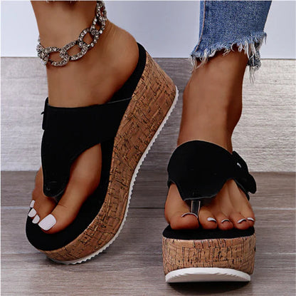 Isla | Women's Cork Wedge Flip Flop Sandals with Bow Detail