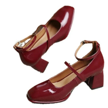 Valeria | Women's Ankle Strap Block Heel Pumps Square Toe Mary Jane