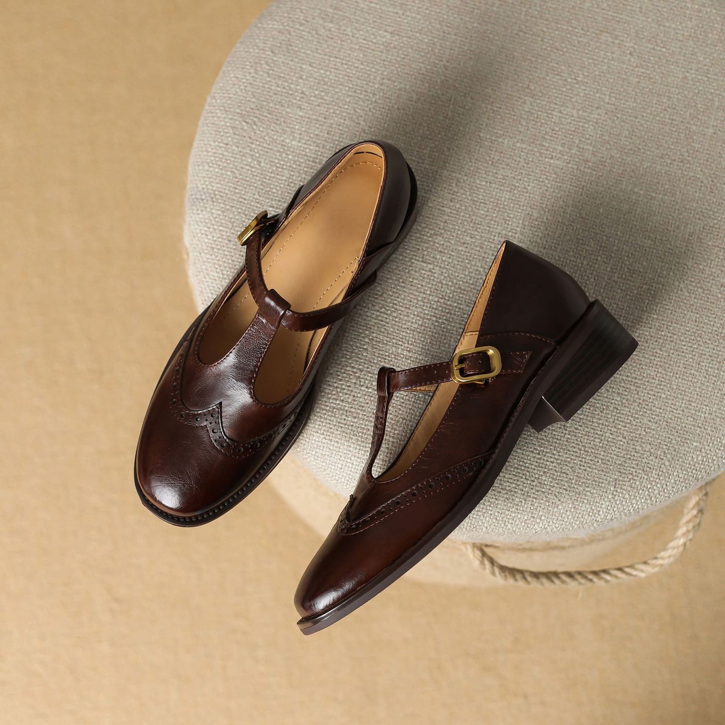 Vivienne | Women's Leather T-Strap Mary Jane Shoes Low Block Heel