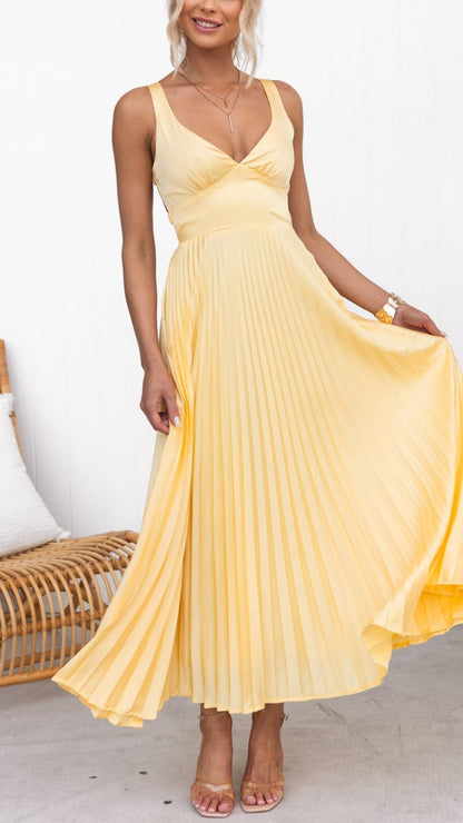 Women's V-Neck Pleated Wedding Guest Maxi Dress