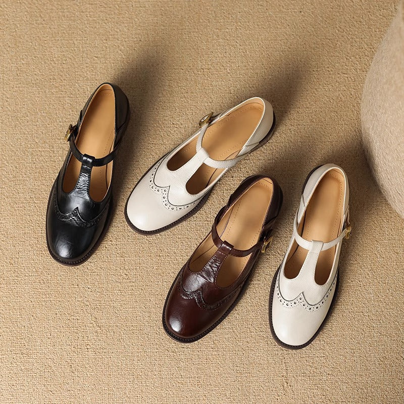 Vivienne | Women's Leather T-Strap Mary Jane Shoes Low Block Heel