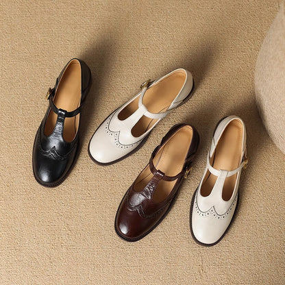 Vivienne | Women's Leather T-Strap Mary Jane Shoes Low Block Heel