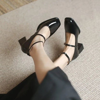 Valeria | Women's Ankle Strap Block Heel Pumps Square Toe Mary Jane