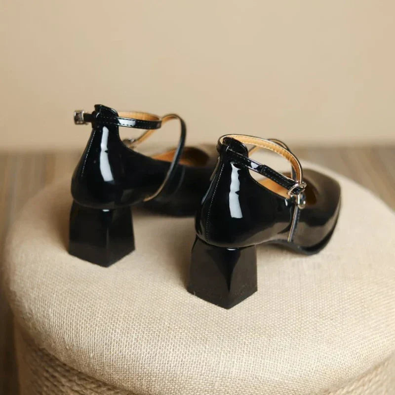 Valeria | Women's Ankle Strap Block Heel Pumps Square Toe Mary Jane