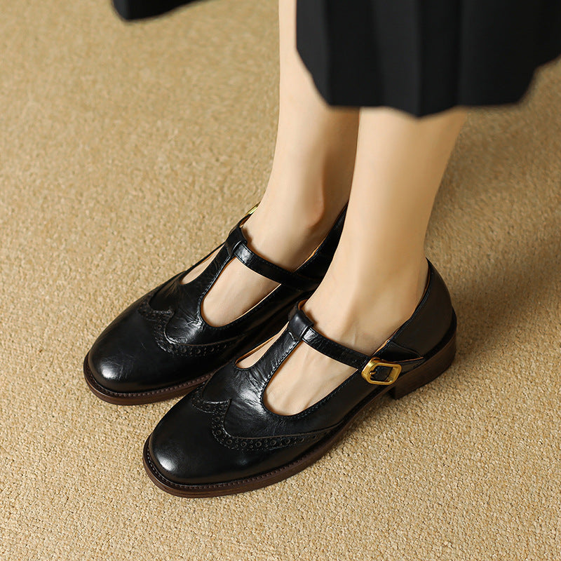 Vivienne | Women's Leather T-Strap Mary Jane Shoes Low Block Heel