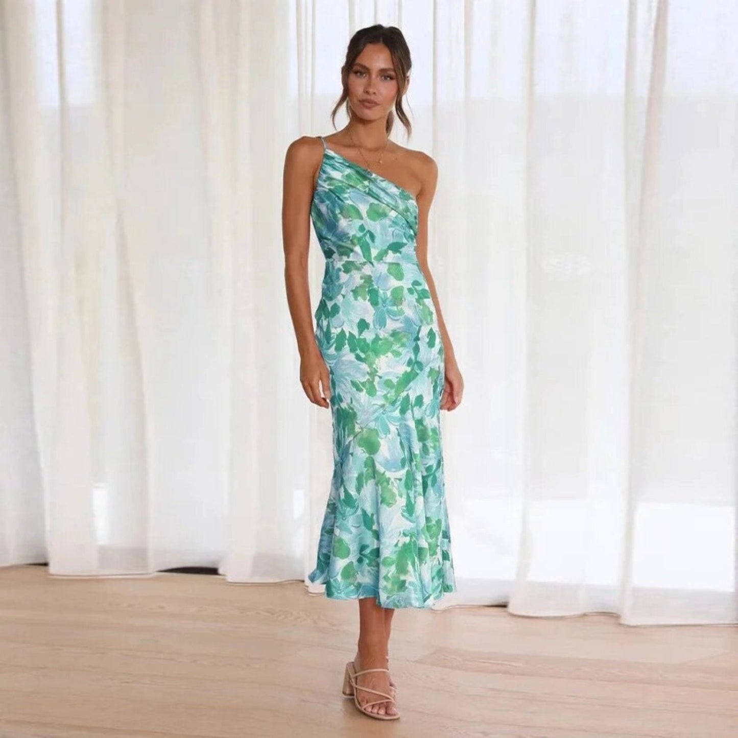 Women's Floral Asymmetric Wedding Guest Midi Dress