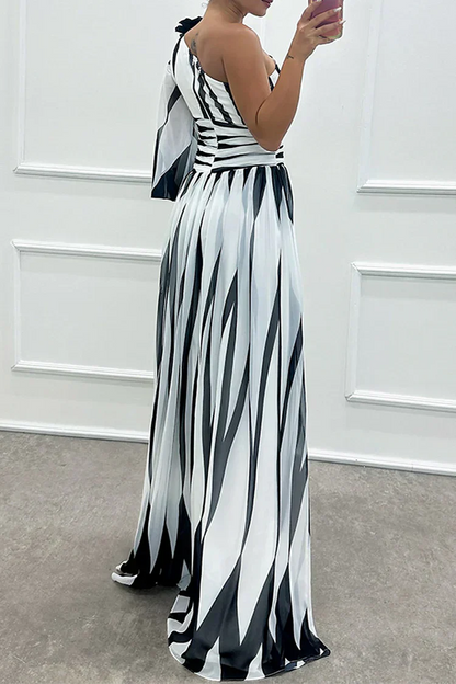Women's Striped One-Shoulder Wedding Guest Maxi Dress