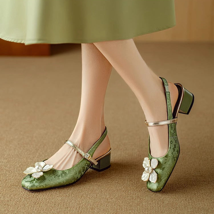 Women's Floral Mary Jane Block Heel Pumps