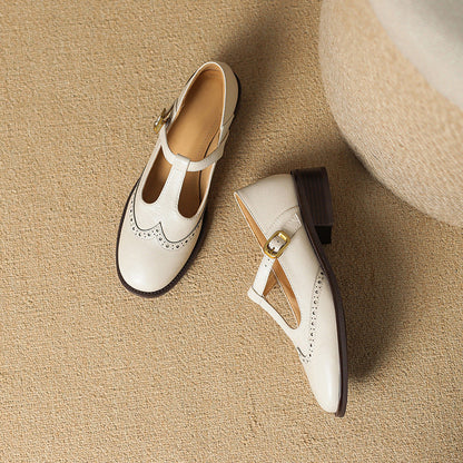 Vivienne | Women's Leather T-Strap Mary Jane Shoes Low Block Heel