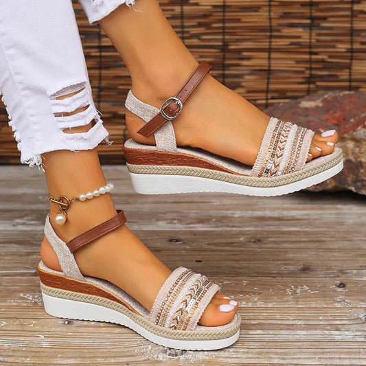 Women's Boho Woven Sandals with Ankle Strap