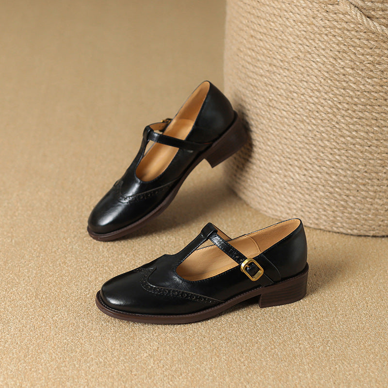 Vivienne | Women's Leather T-Strap Mary Jane Shoes Low Block Heel