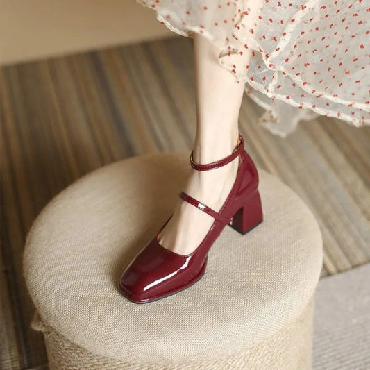 Valeria | Women's Ankle Strap Block Heel Pumps Square Toe Mary Jane