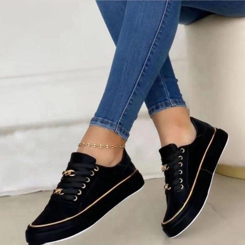 Avelin | Women's Black Platform Sneakers with Gold Chain Detail