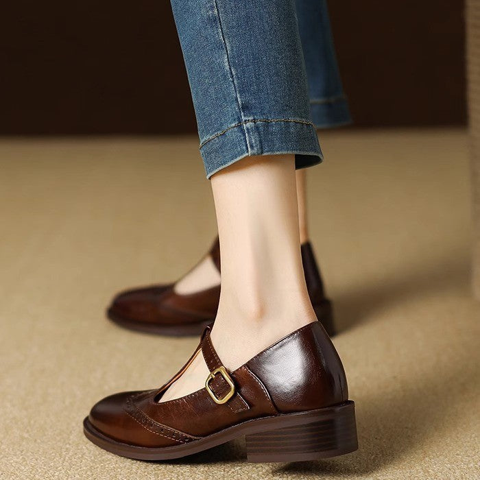Vivienne | Women's Leather T-Strap Mary Jane Shoes Low Block Heel