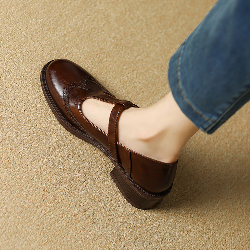 Vivienne | Women's Leather T-Strap Mary Jane Shoes Low Block Heel