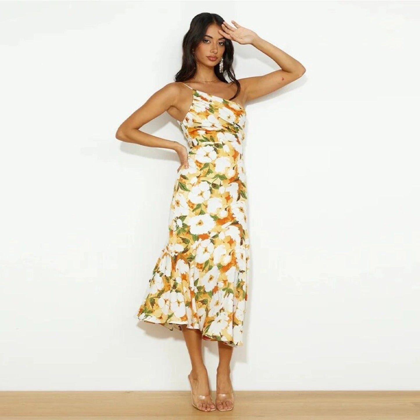 Women's Floral Asymmetric Wedding Guest Midi Dress