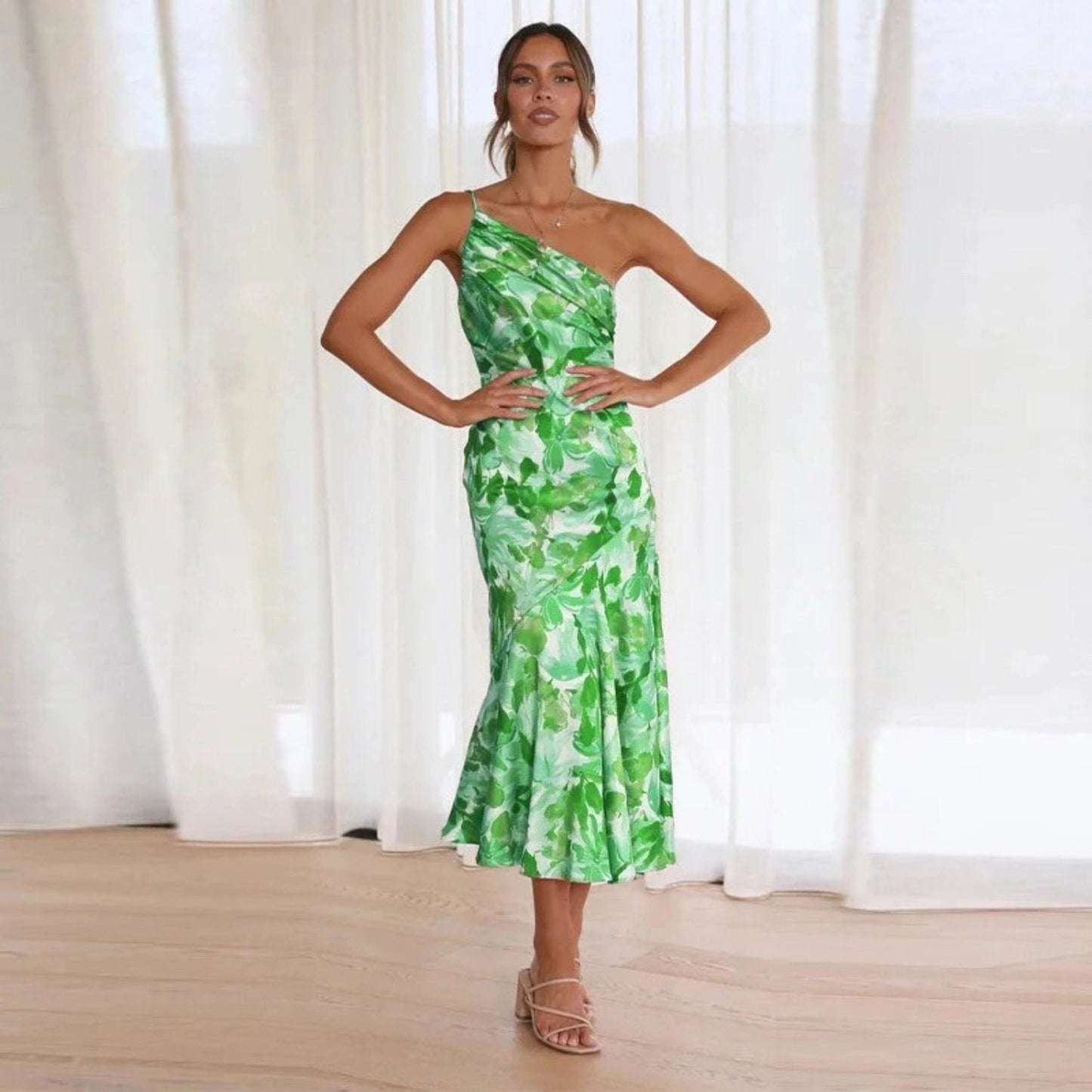 Women's Floral Asymmetric Wedding Guest Midi Dress