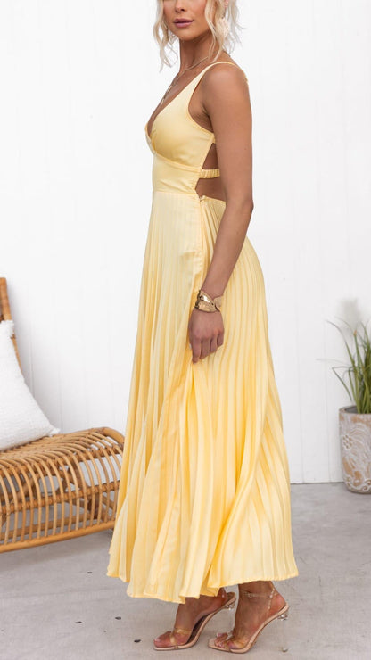 Women's V-Neck Pleated Wedding Guest Maxi Dress